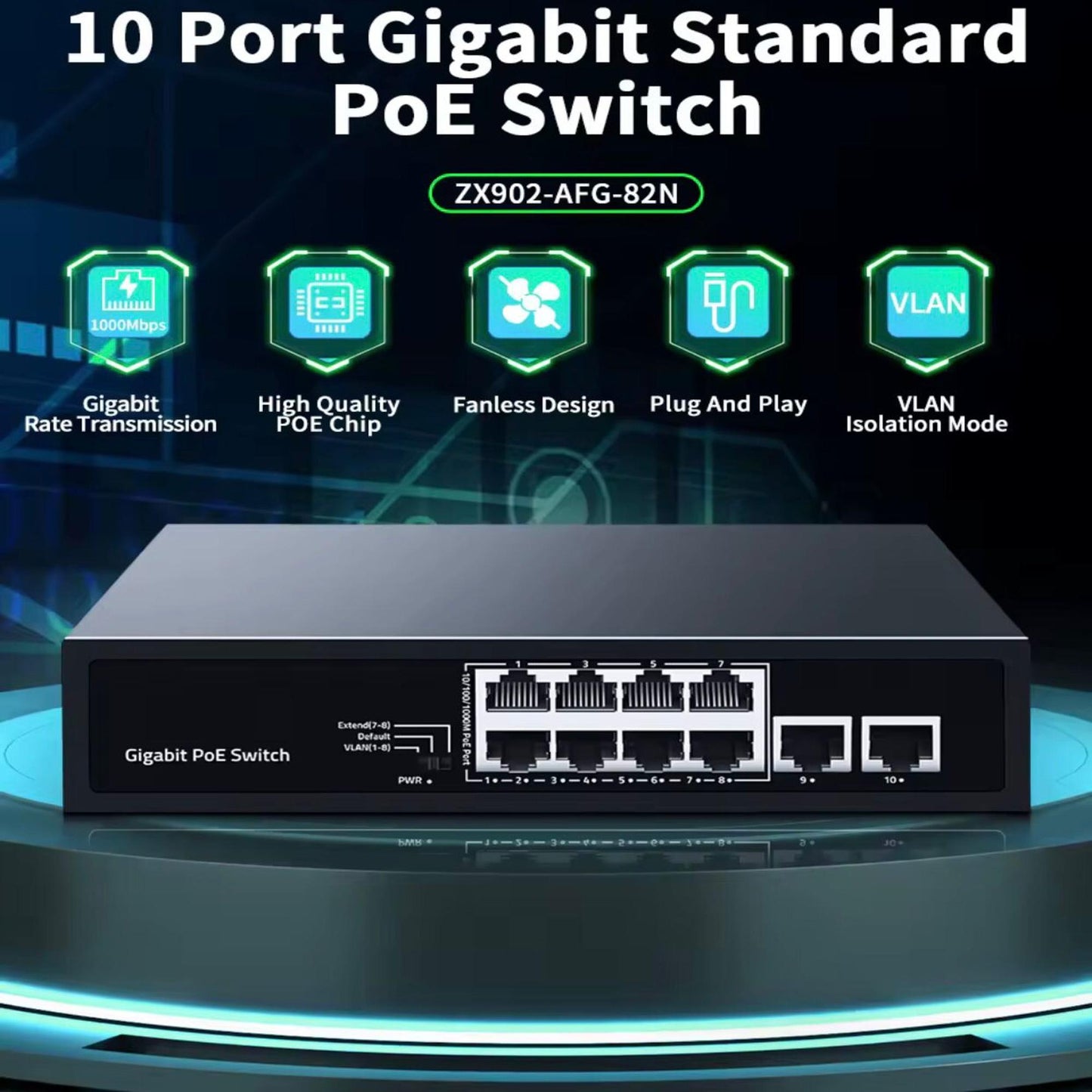 10 Port Gigabit PoE Switch (8 PoE + 2 Uplink) | 96W Power | Plug & Play | 1000Mbps | VLAN & Extend Mode | Fanless | Long Distance 250m Ethernet Network Switch for IP Cameras & Devices