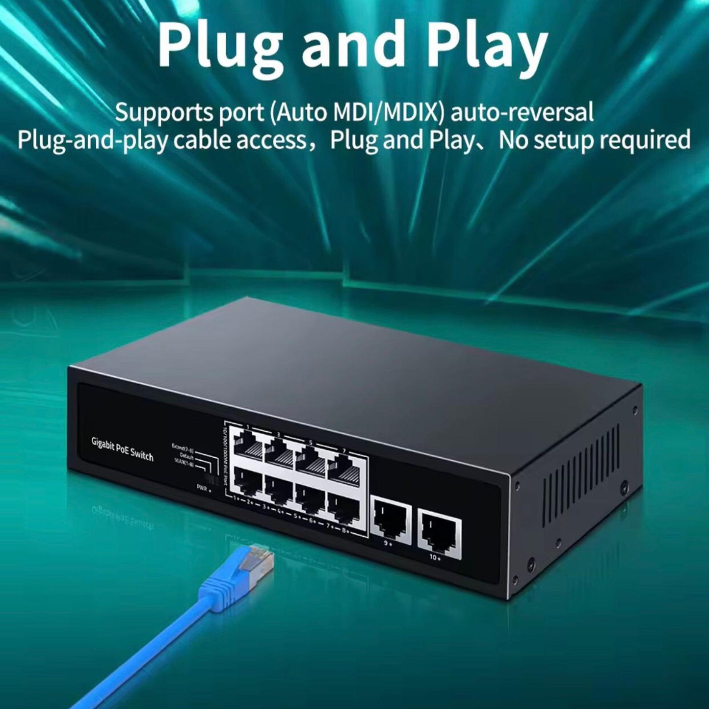 10 Port Gigabit PoE Switch (8 PoE + 2 Uplink) | 96W Power | Plug & Play | 1000Mbps | VLAN & Extend Mode | Fanless | Long Distance 250m Ethernet Network Switch for IP Cameras & Devices