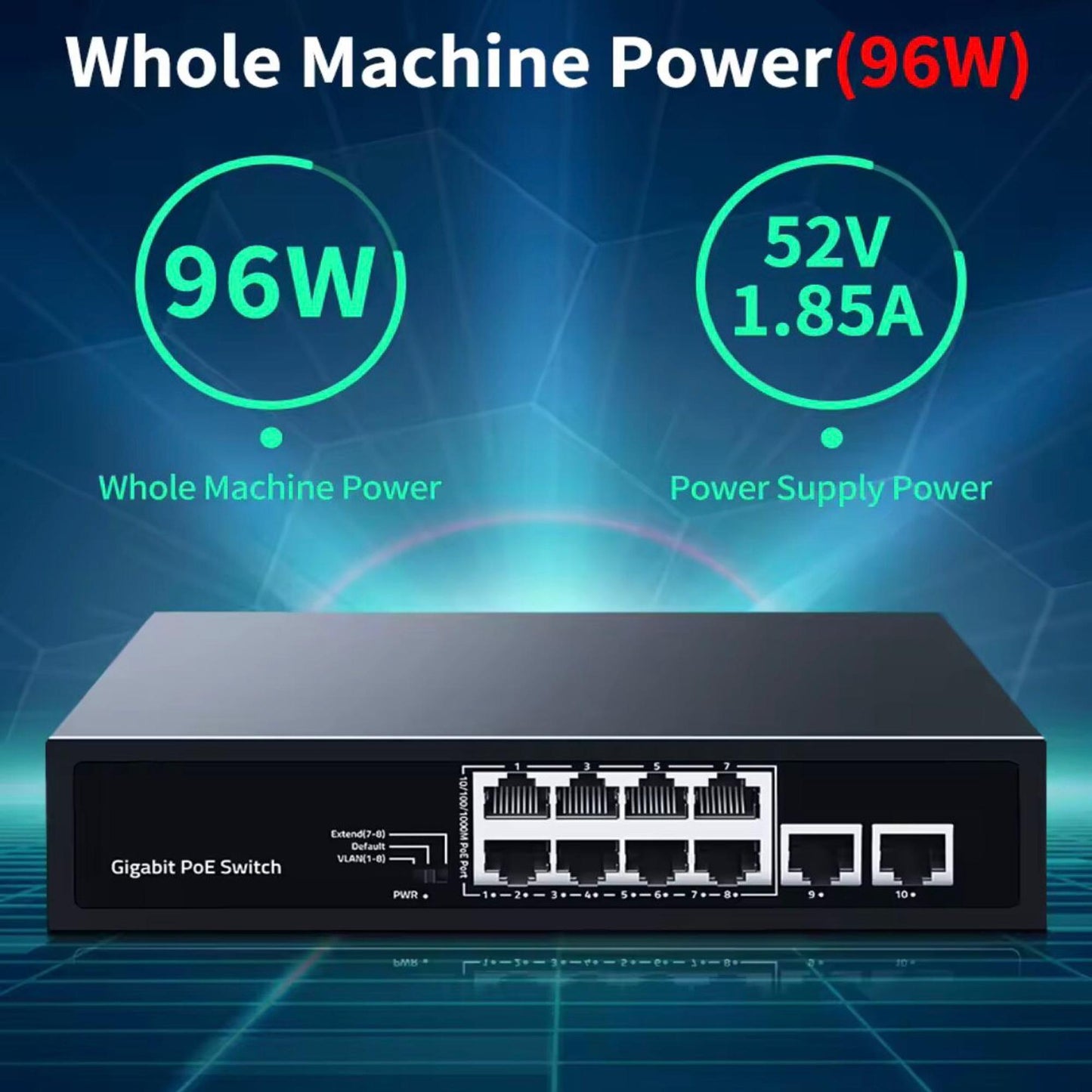 10 Port Gigabit PoE Switch (8 PoE + 2 Uplink) | 96W Power | Plug & Play | 1000Mbps | VLAN & Extend Mode | Fanless | Long Distance 250m Ethernet Network Switch for IP Cameras & Devices
