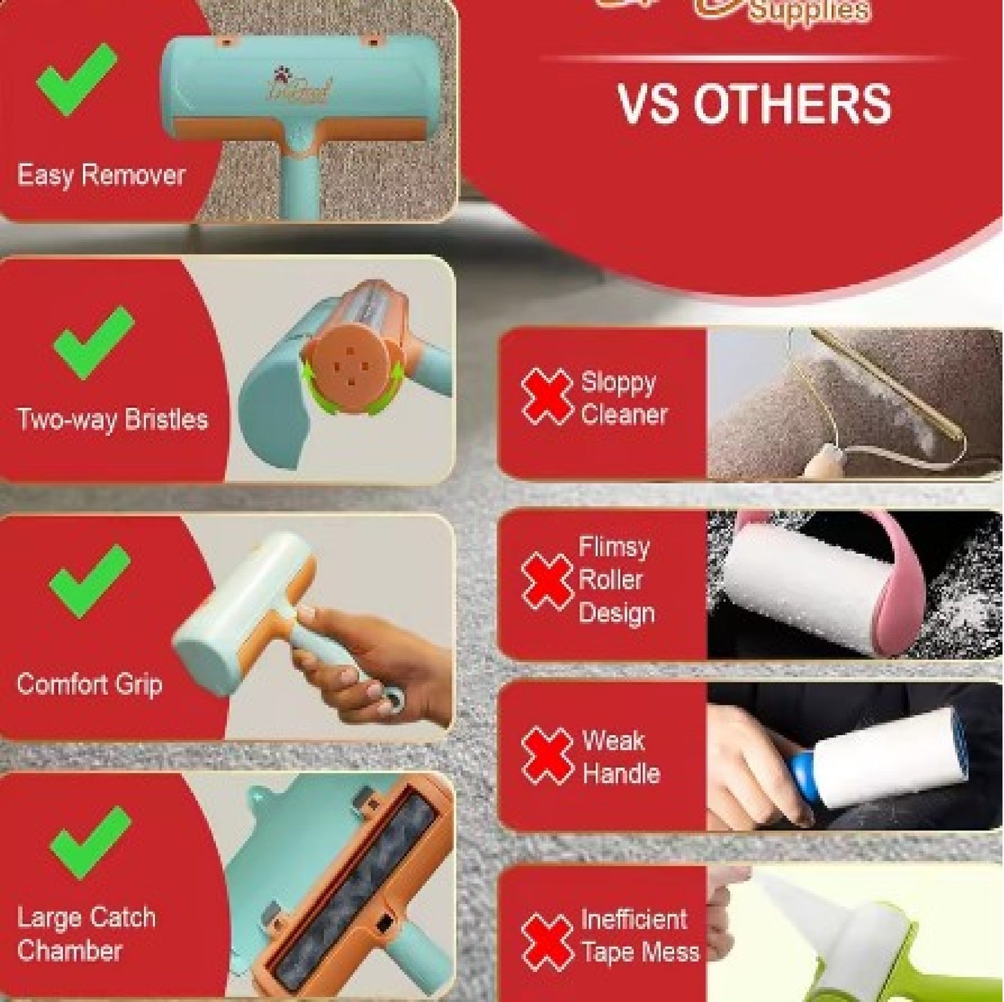 Roller Pet Hair Remover and Reusable Lint Roller - Cat and Dog Hair Remover for Furniture, Couch, Carpet, Clothing and Bedding - Portable, Multi-Surface Fur Removal Tool