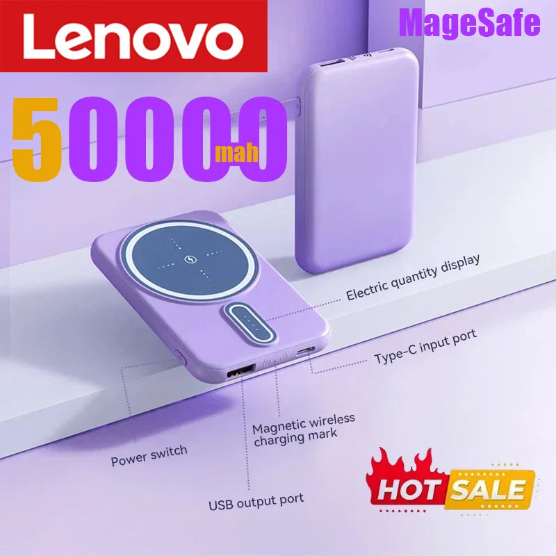 Lenovo 50000mAh Wireless Magnetic Power Bank Super Fast Charging Portable Battery Charger For iPhone Huawei Samsung 2024