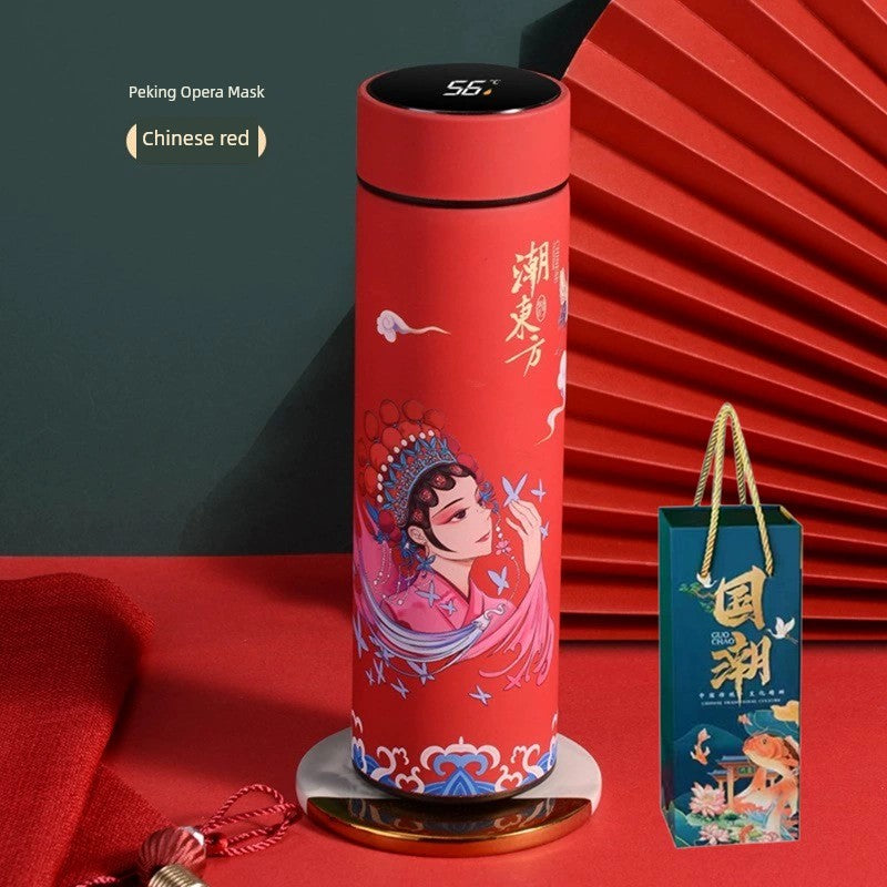 Chinese Happy New Year Style Illustration Vacuum Cup Stainless Steel Touch Display Temperature Control Business Gift Mug with Short Eye Catching Design