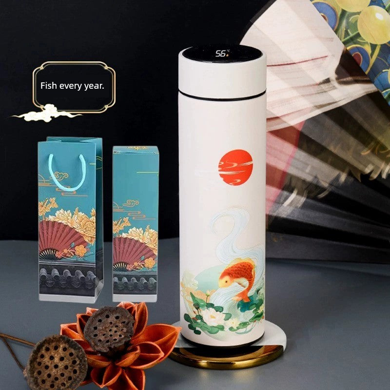 Chinese Happy New Year Style Illustration Vacuum Cup Stainless Steel Touch Display Temperature Control Business Gift Mug with Short Eye Catching Design