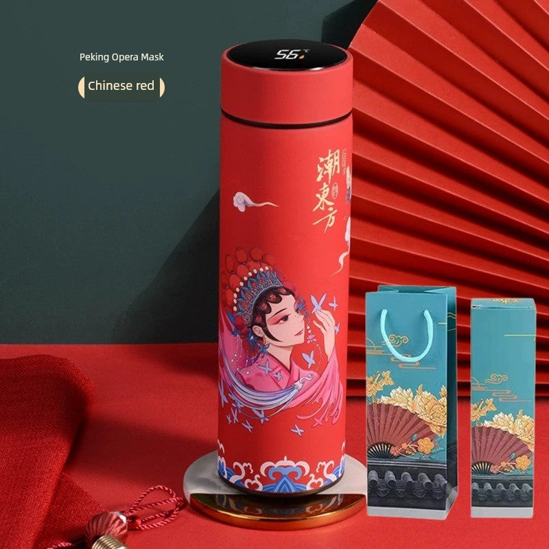 Chinese Happy New Year Style Illustration Vacuum Cup Stainless Steel Touch Display Temperature Control Business Gift Mug with Short Eye Catching Design