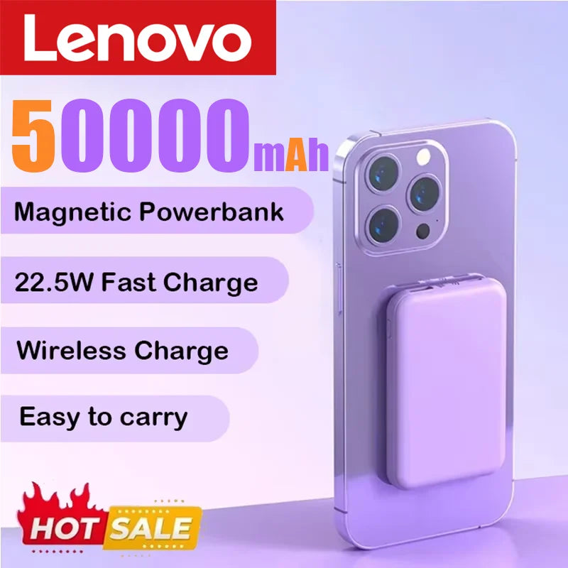 Lenovo 50000mAh Wireless Magnetic Power Bank Super Fast Charging Portable Battery Charger For iPhone Huawei Samsung 2024